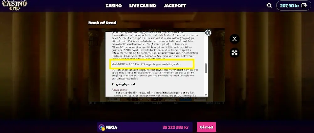 Book of Dead RTP Epic Casino