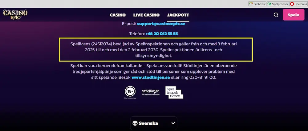 Casino Epic svensk licens