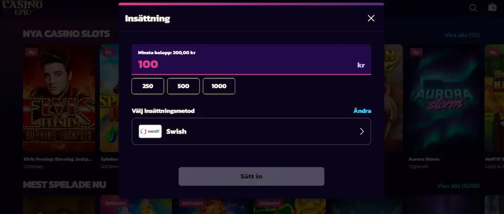 minsta insättning Casino Epic