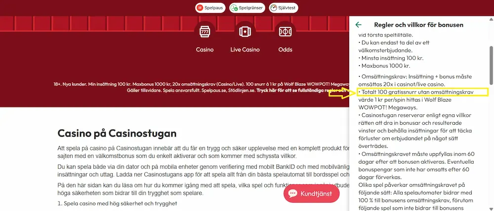 Casinostugan utan omsättningskrav regler