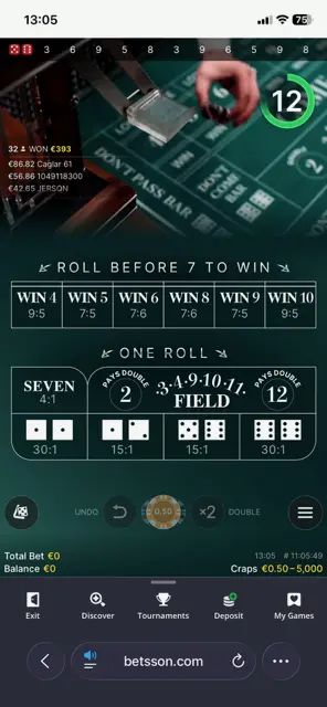Insatser Live Craps mobilen - Betsson