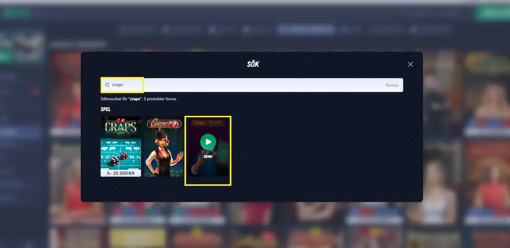 Sök Craps Betinia + demo