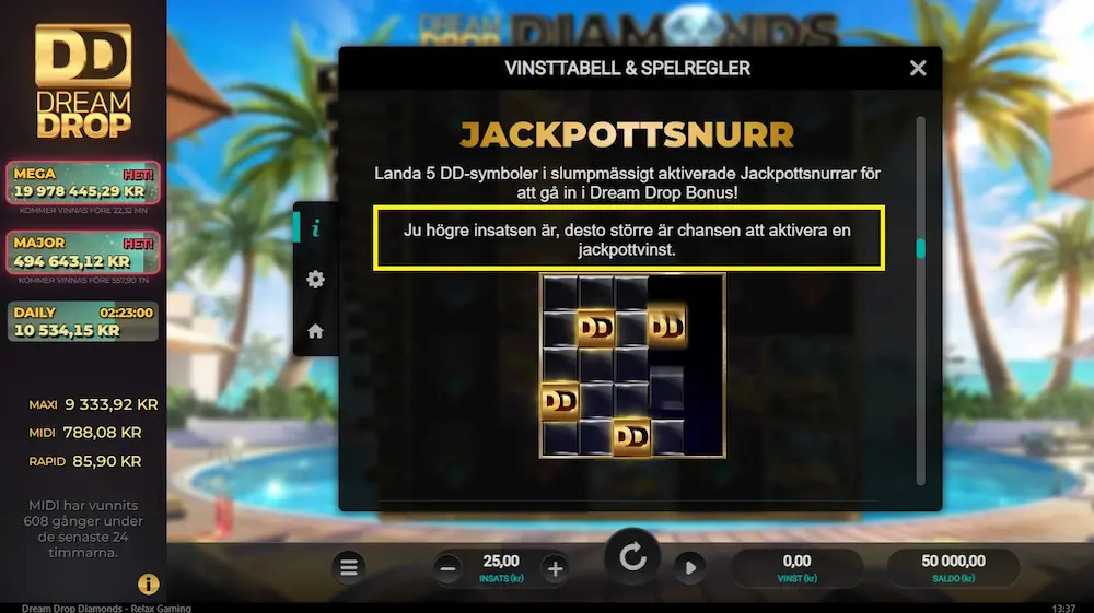 Dream Drop Diamonds regel insats jackpott