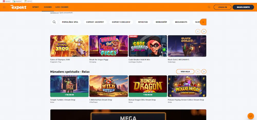 Expekt navigering i casinot