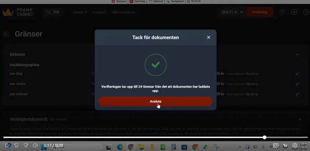 Frank Casino KYC uppladdning klar