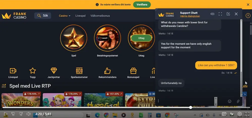 Frank casino live chatt test