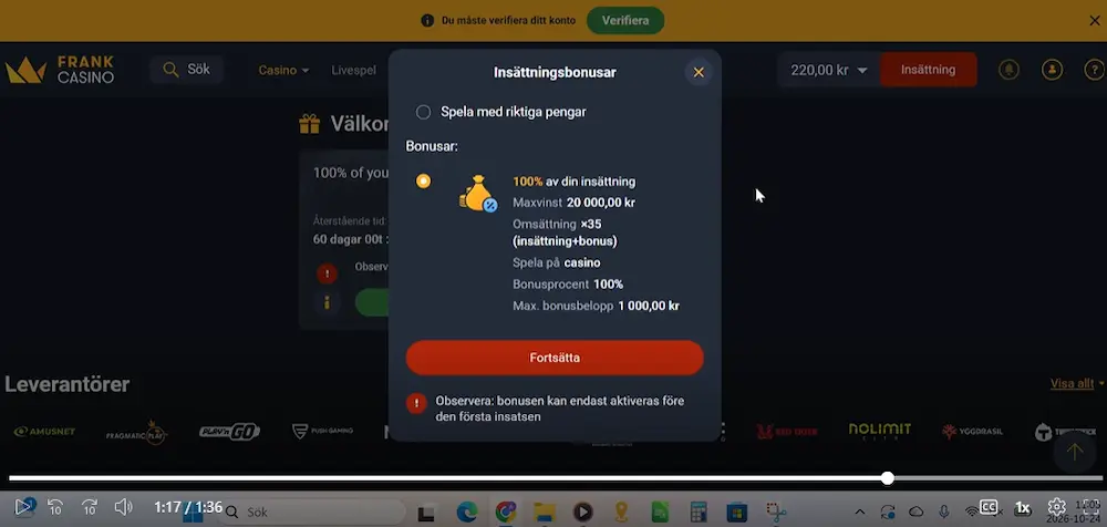 Frank Casino bonus
