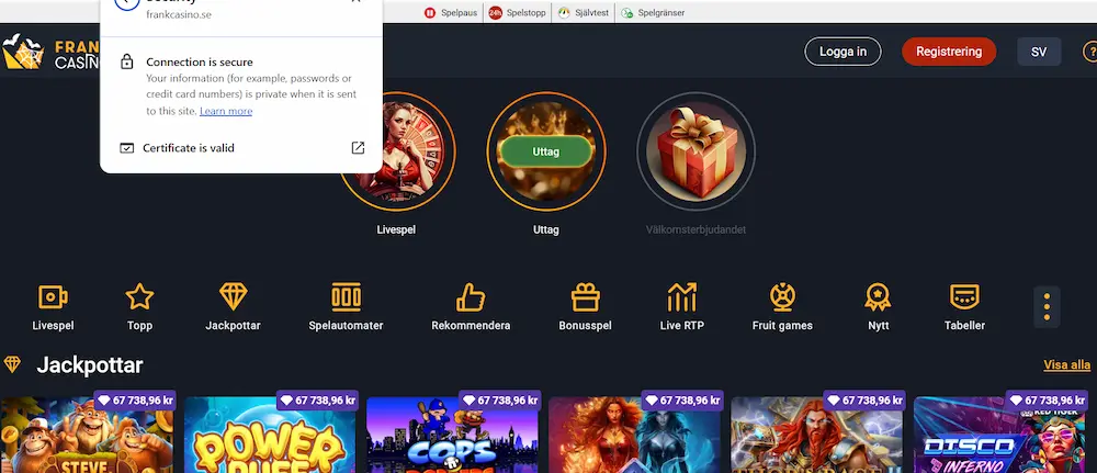 Frank Casino säker anslutning