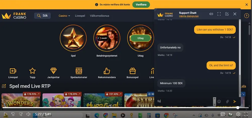 Frank casino test live chatt