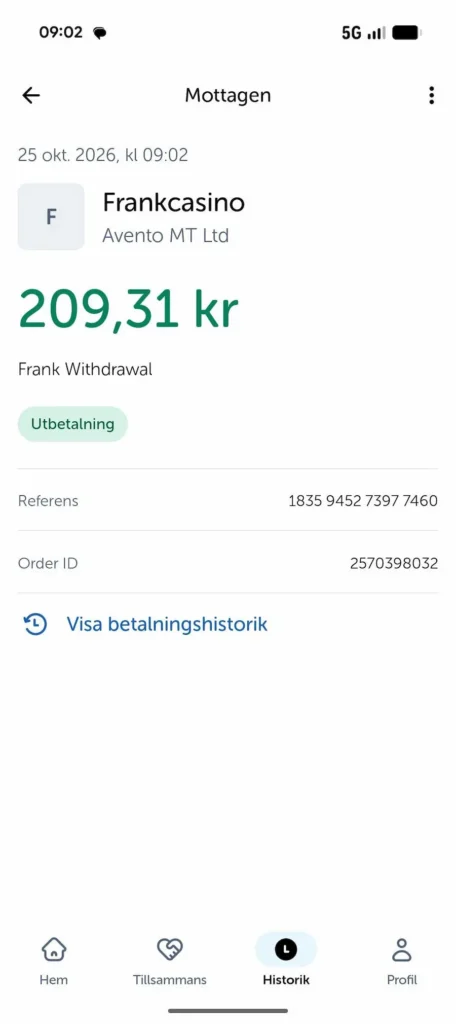 Frank Casino - kvitto swish uttag