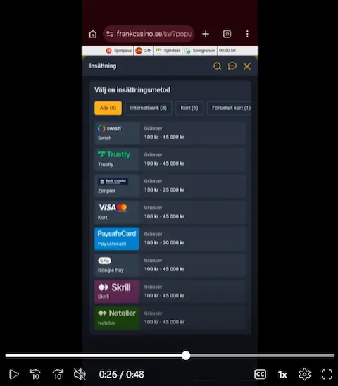 Frank mobilcasino insättningsmetoder