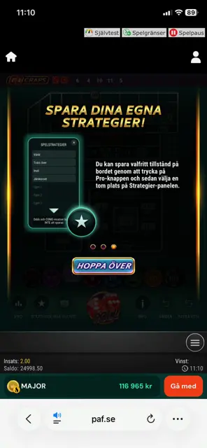 Go Craps installningar spara egna strategier mobil