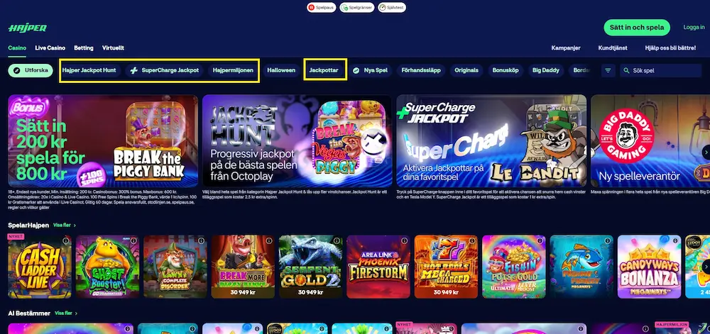 Hajper casino många kategorier av jackpottar