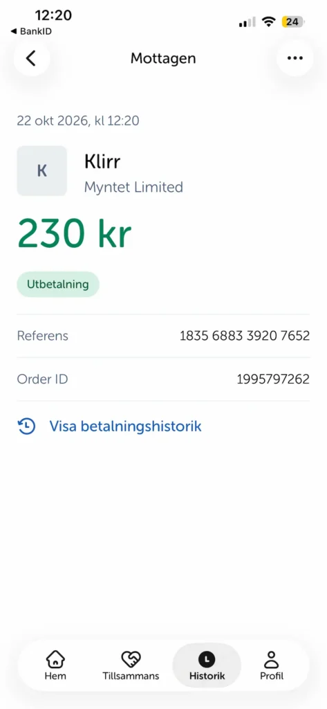 Bekräftelse Klirr - Swish uttag 230 kr