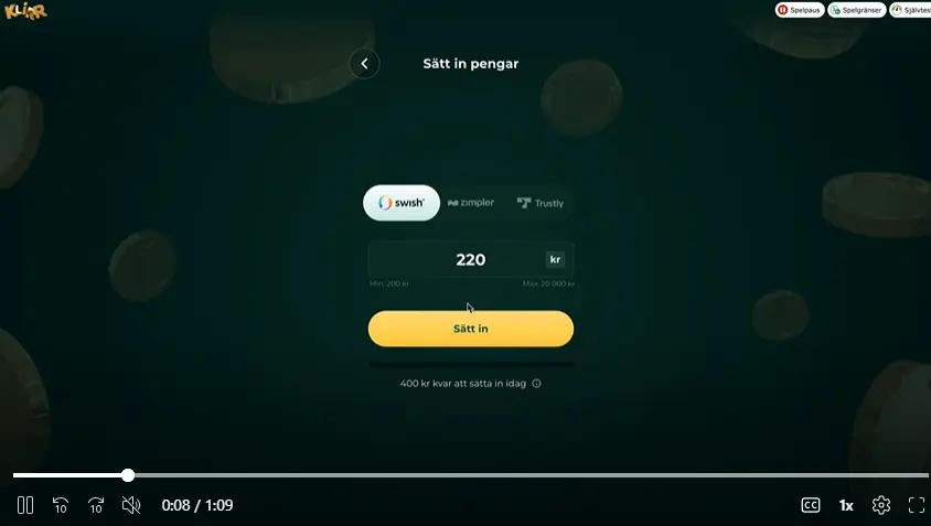 Klirr Casino insättning bet.metod summa
