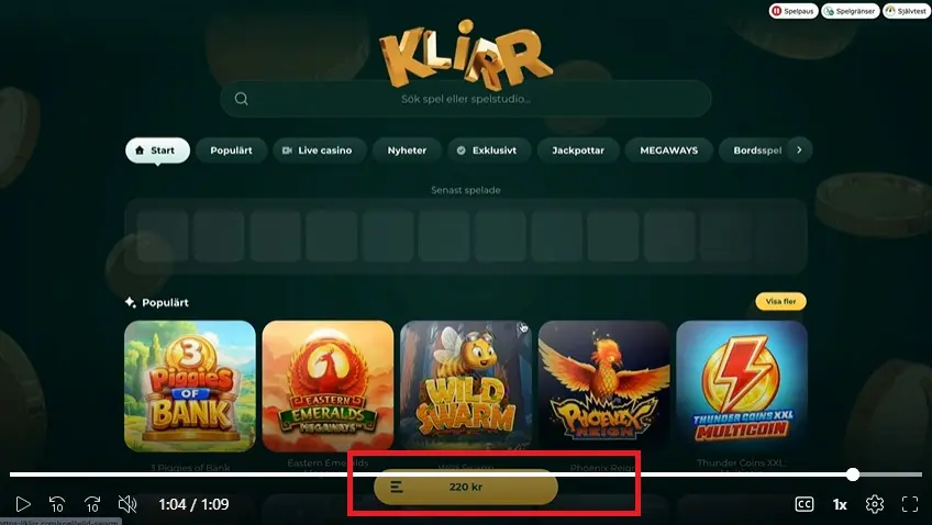 Insättning Swish klar Klirr Casino