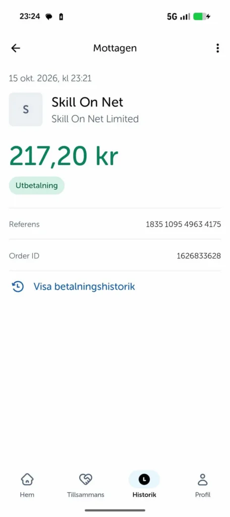 Kvitto Swish uttag hos PlayJango