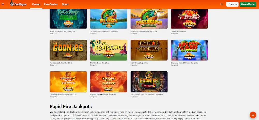 Info om varje kategori Leovegas jackpots
