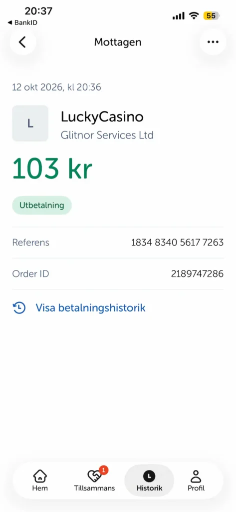 Kvitto Swish uttag Lucky Casino
