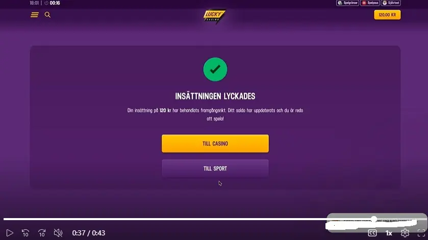 Bekräftelse insättning Lucky Casino test
