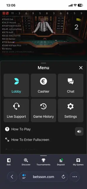 Live Craps mobilen, meny