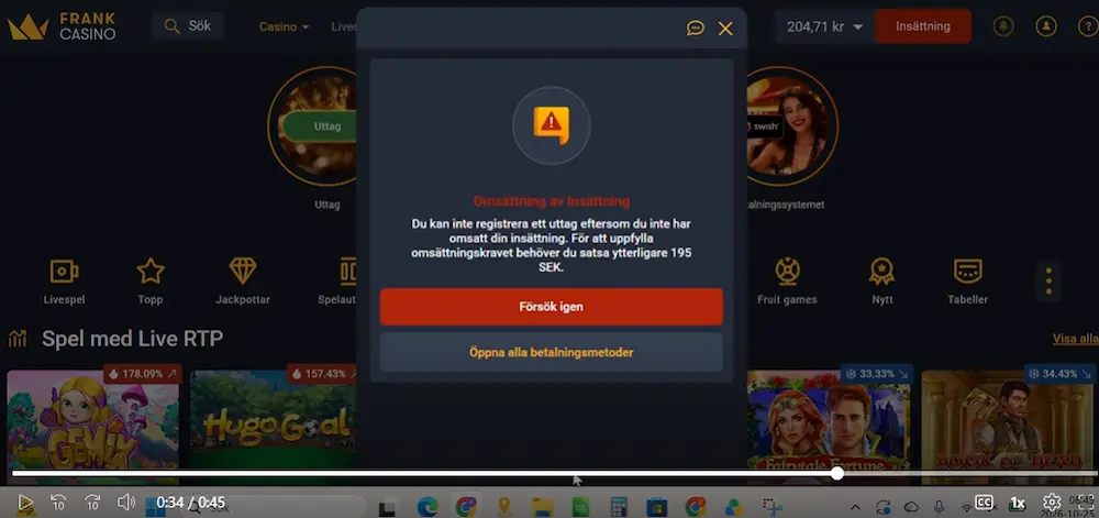 Går ej göra uttag Frank Casino