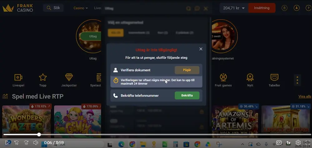 Verifiering före uttag Frank Casino