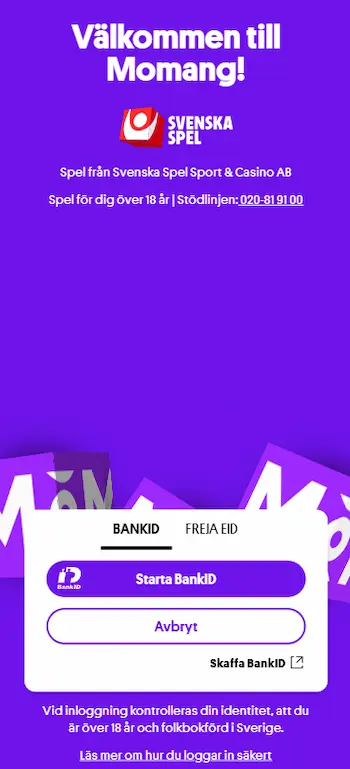Momang verifiering BankID Freja EID mobilen