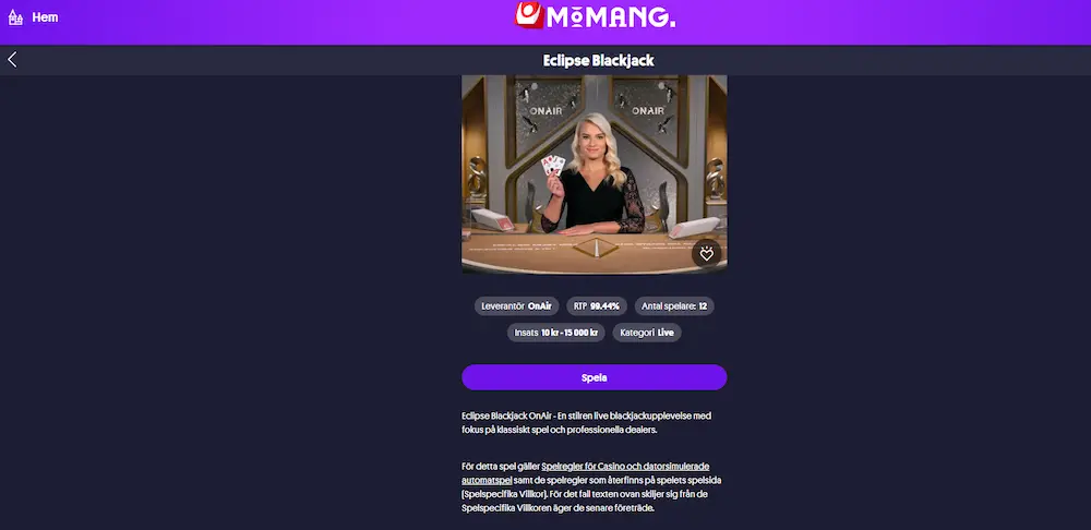 Test Momang - info om separat blackjackspel
