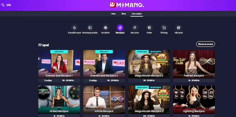 Momang live casino blackjack filter