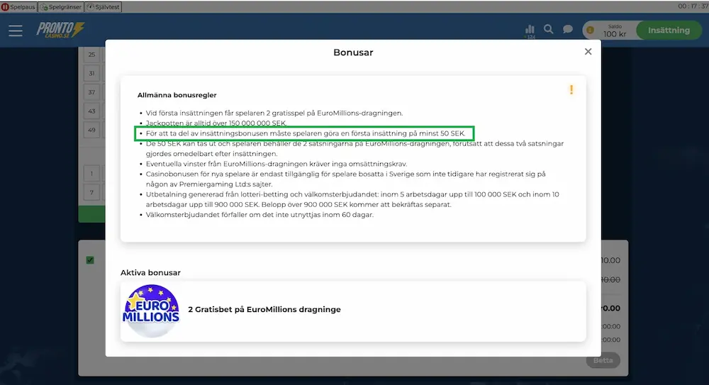 Pronto casino bonus min insättning