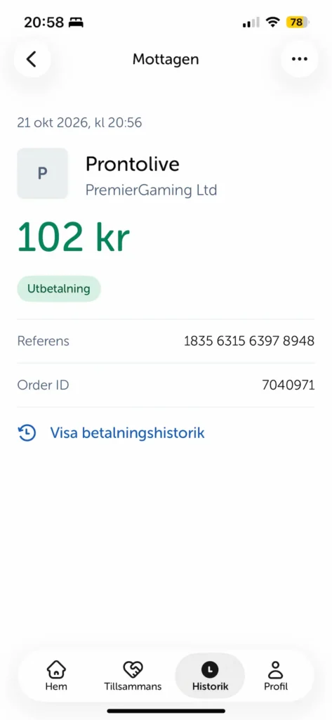 Kvitto mottagit uttag Swish Prontolive