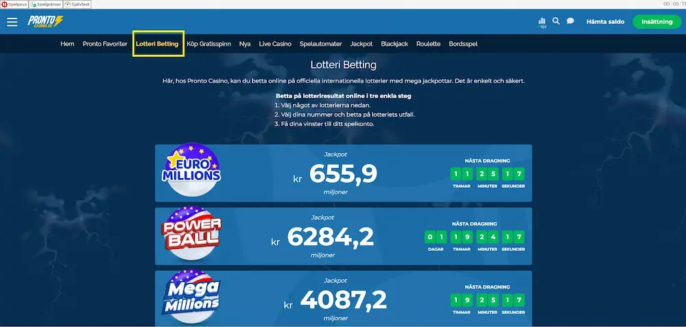 Lotteribetting Pronto Casino