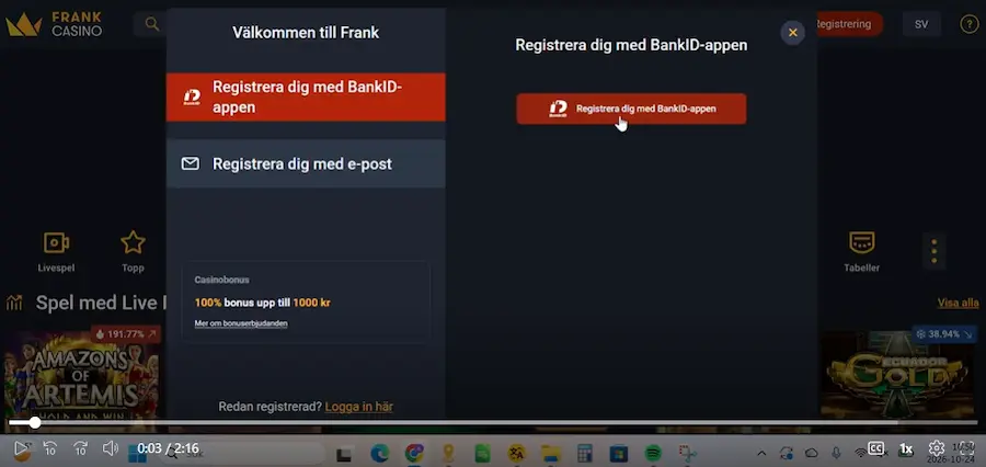 Registrering Frank Casino BankID