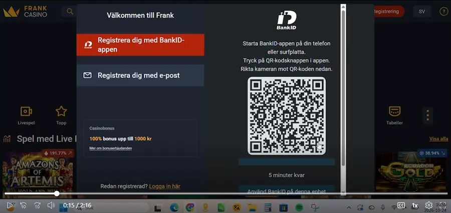 Registrering Frank Casino