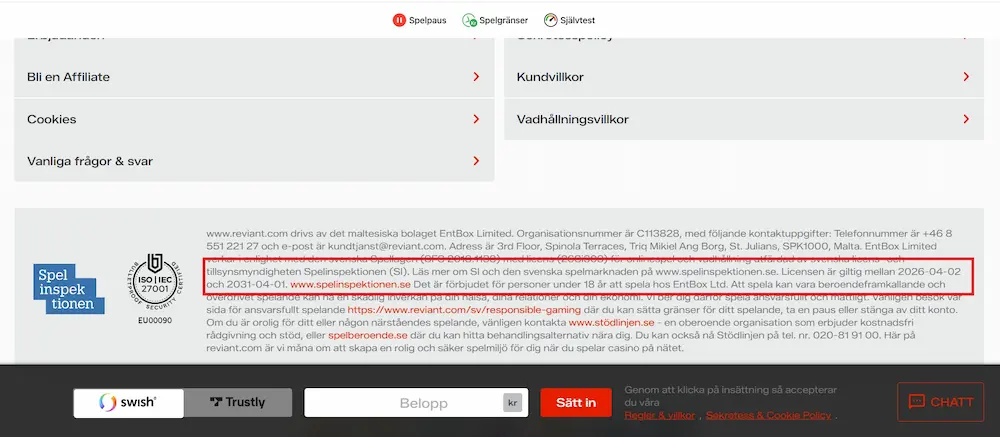 Reviant casino info om spellicens