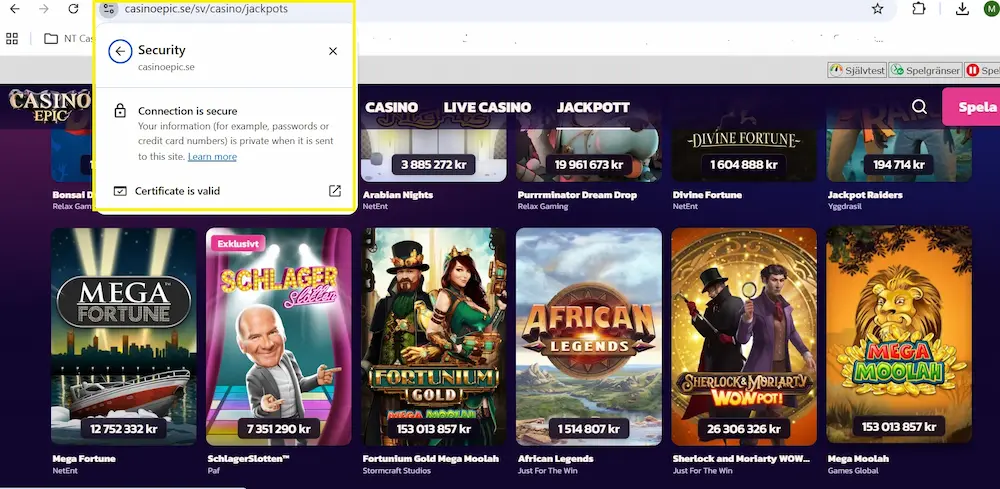 Säker anslutning Casino Epic
