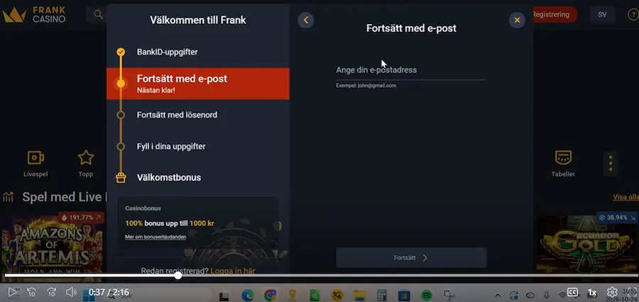 Registrering Frank Casino