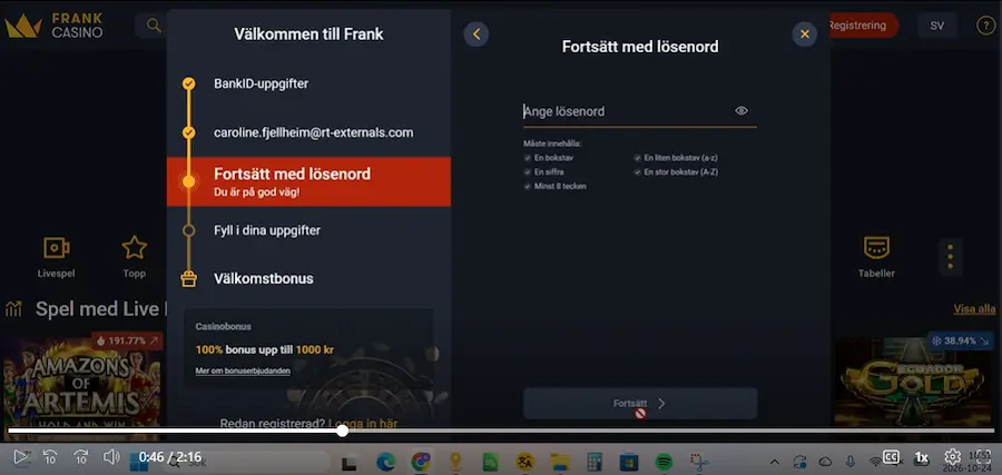 Registrering Frank Casino