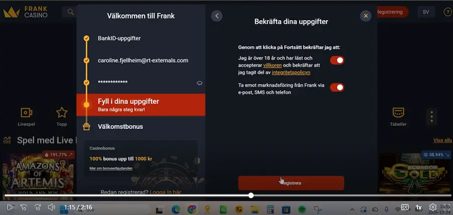 Registrering Frank Casino