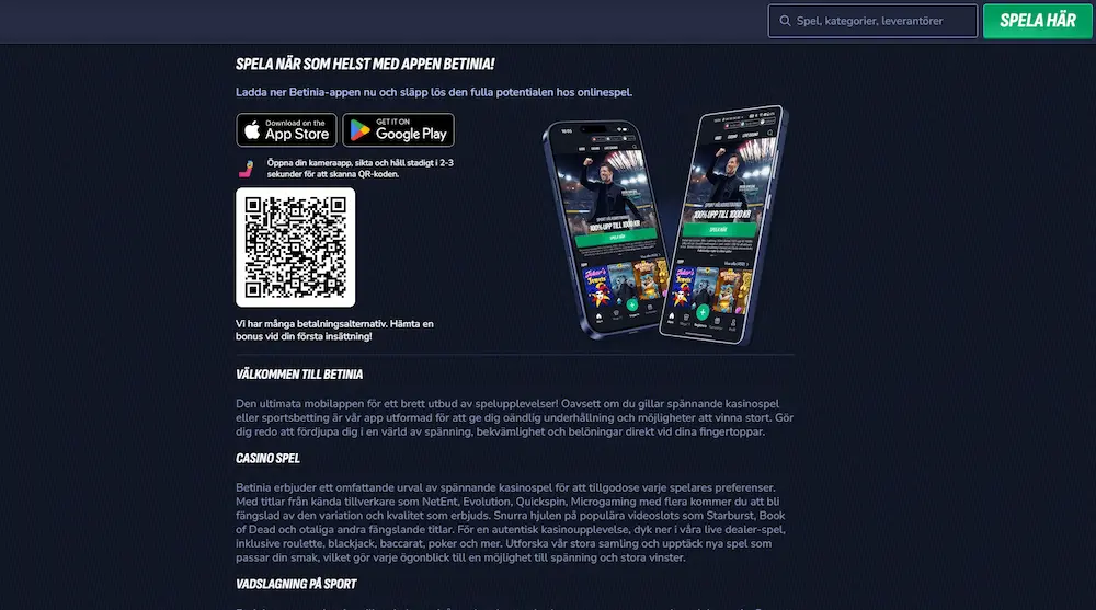 Betinia App mobilcasino