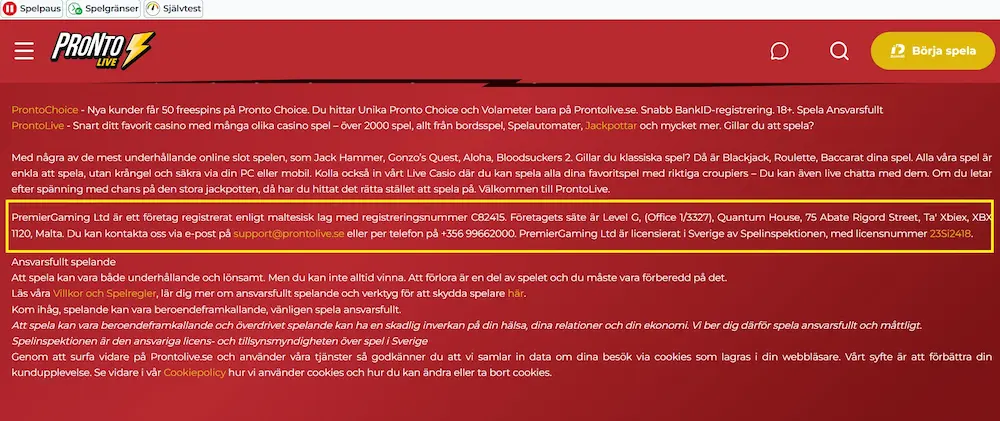 Webbplats Prontolive licensuppgifter