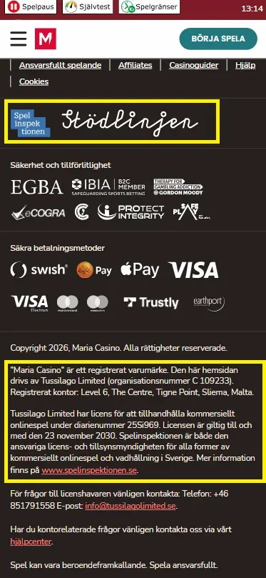 Maria Casino mobilen - uppgift licens