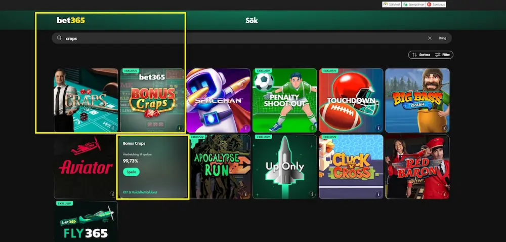 Sök Craps Bet 365