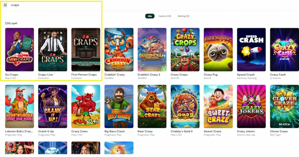 Craps sök hos Paf Casino