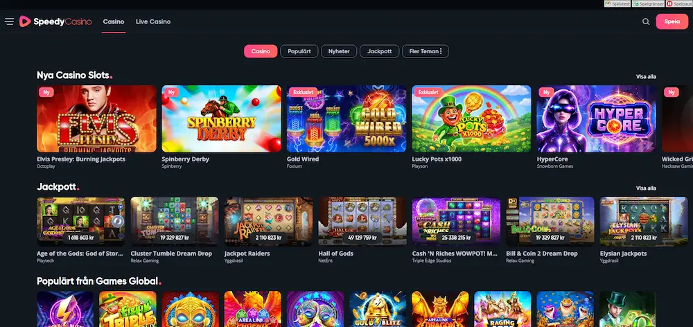 Speedy Casino utbud slots och spel
