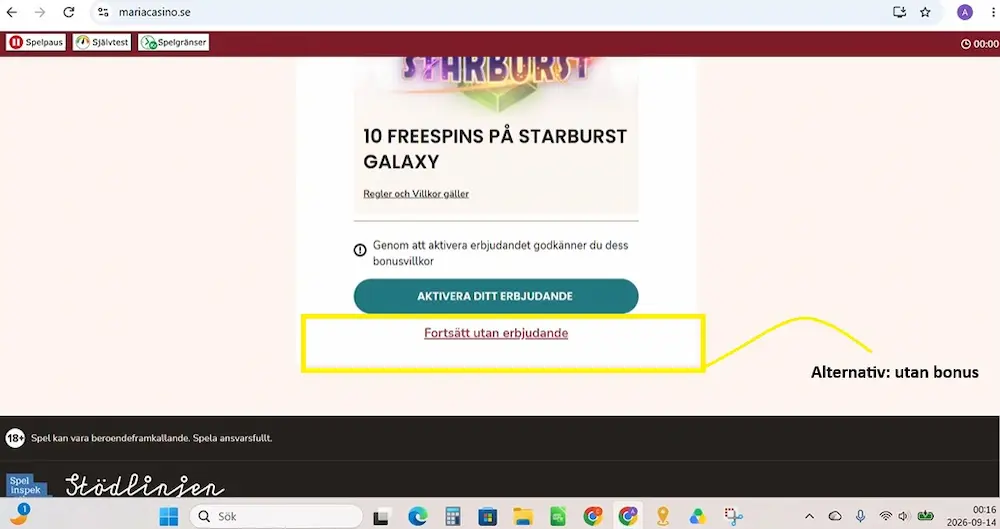 Välj spela utan bonus - Maria