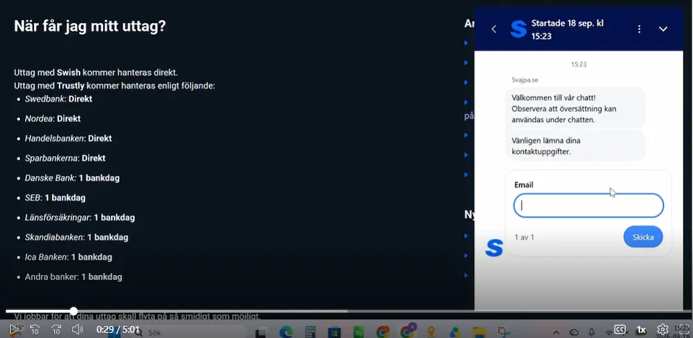 Svajpa test av support