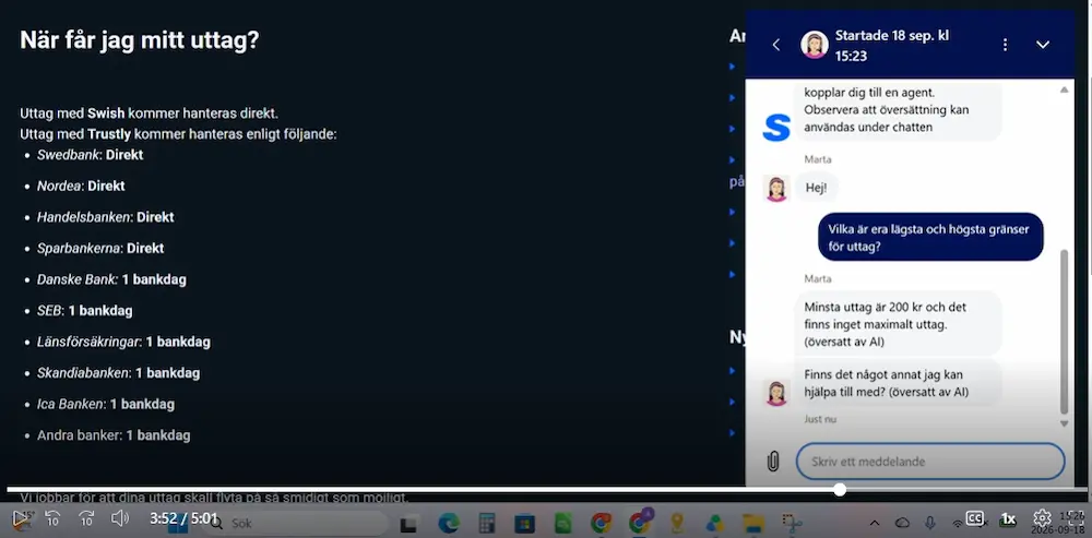 Svajpa live chatt svar