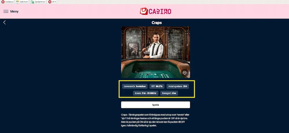 Svenska Spel Craps info om spelet